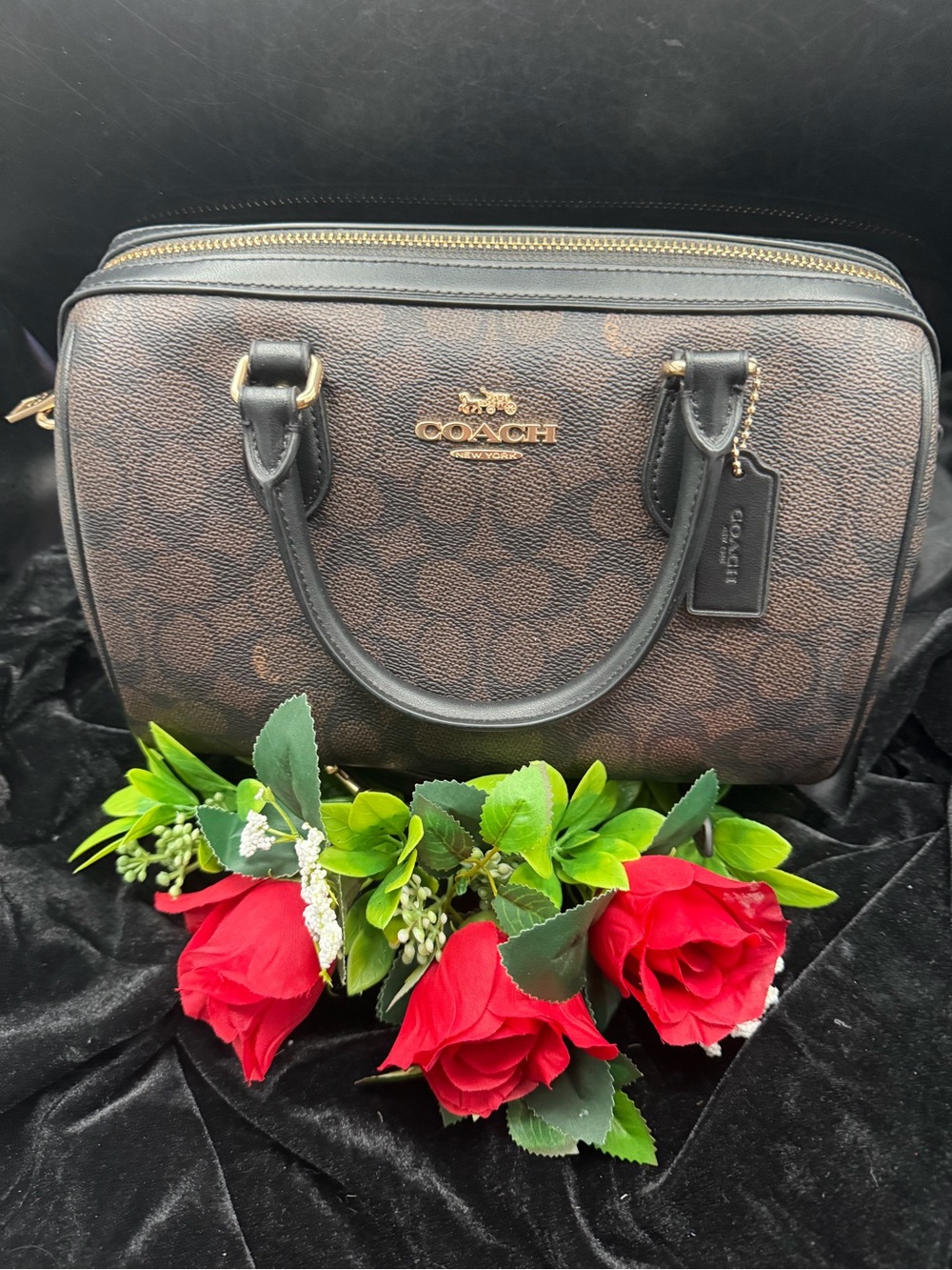 Coach Brown and Black Signature Rowan Satchel